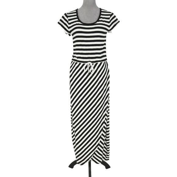 T by Talbots Dress Womens Medium Maxi Black White Stripe Jersey Knit Faux Wrap - Picture 1 of 13